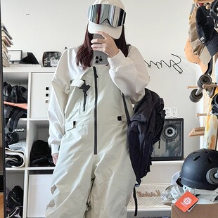 雪否 全压胶白色单板背带裤3L防水加绒透气滑雪 如厕系统背带裤