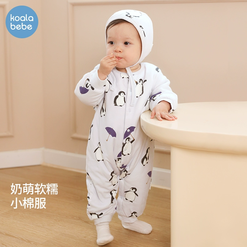 考拉鼻鼻婴儿棉袄连体衣秋冬夹棉外出服宝宝保暖爬爬服小伞与企鹅