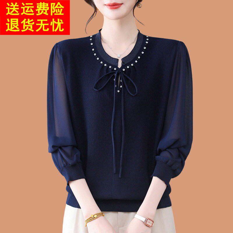 冰丝针织衫长袖t恤女2026新款洋气高级感系带蕾丝纱袖打底衫上衣