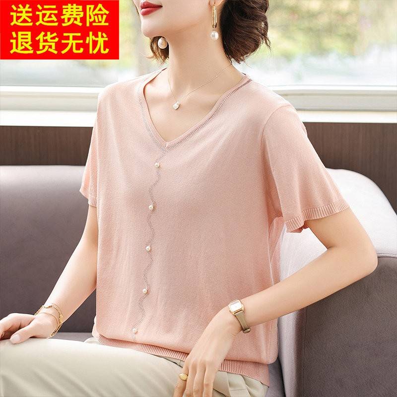 妈妈夏装洋派冰丝小衫中年女装夏季短袖上衣服中老年2025新款T恤