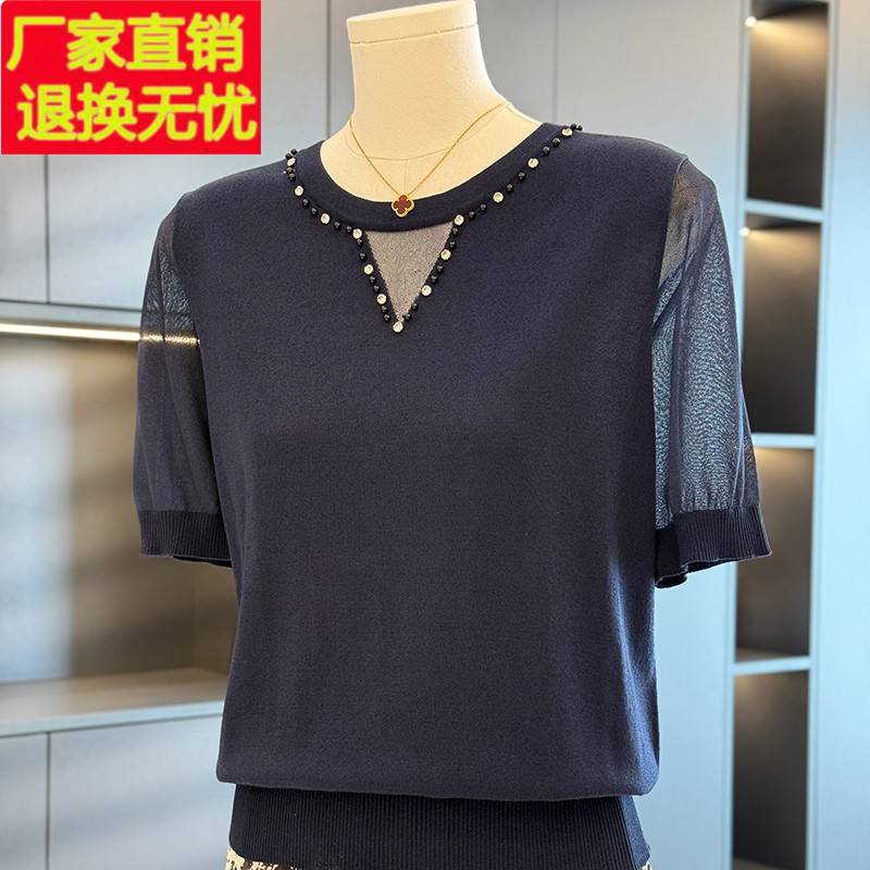时尚气质拼接针织衫女妈妈装2025年夏装新款上衣减龄气质中年T恤