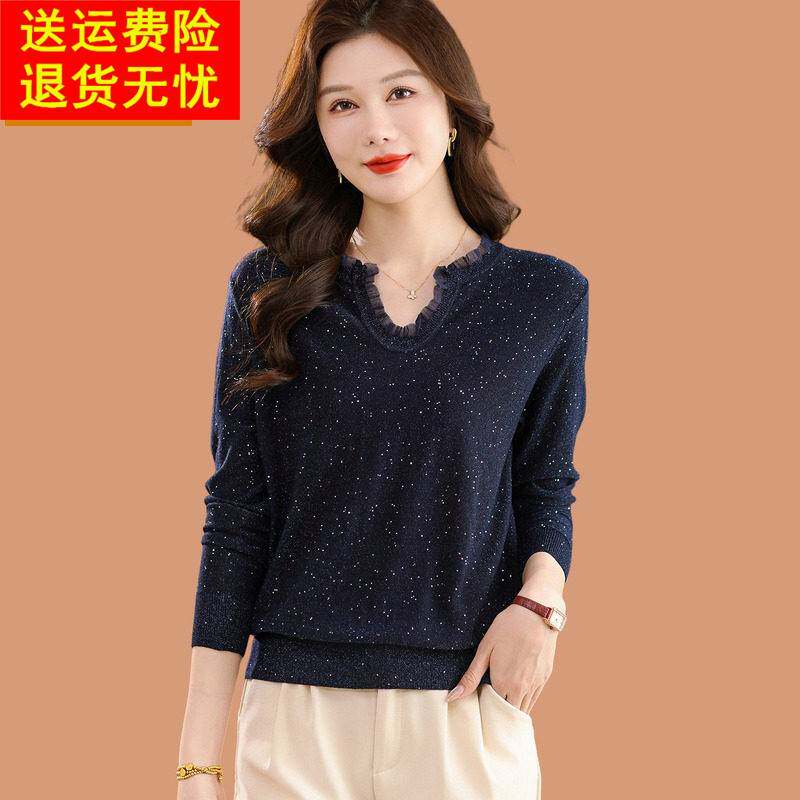 打底衫女春秋2026新款洋气百搭妈妈显瘦上衣高级感蕾丝羊毛针织衫