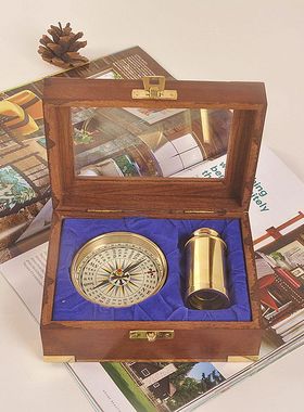 印度进口手工黄铜金色指南针盒装航海罗盘户外登山望远镜收藏礼品