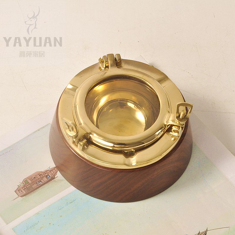 北欧黄铜芒果木烟灰缸欧式圆形轻奢高档家用美式简约茶几装饰烟缸