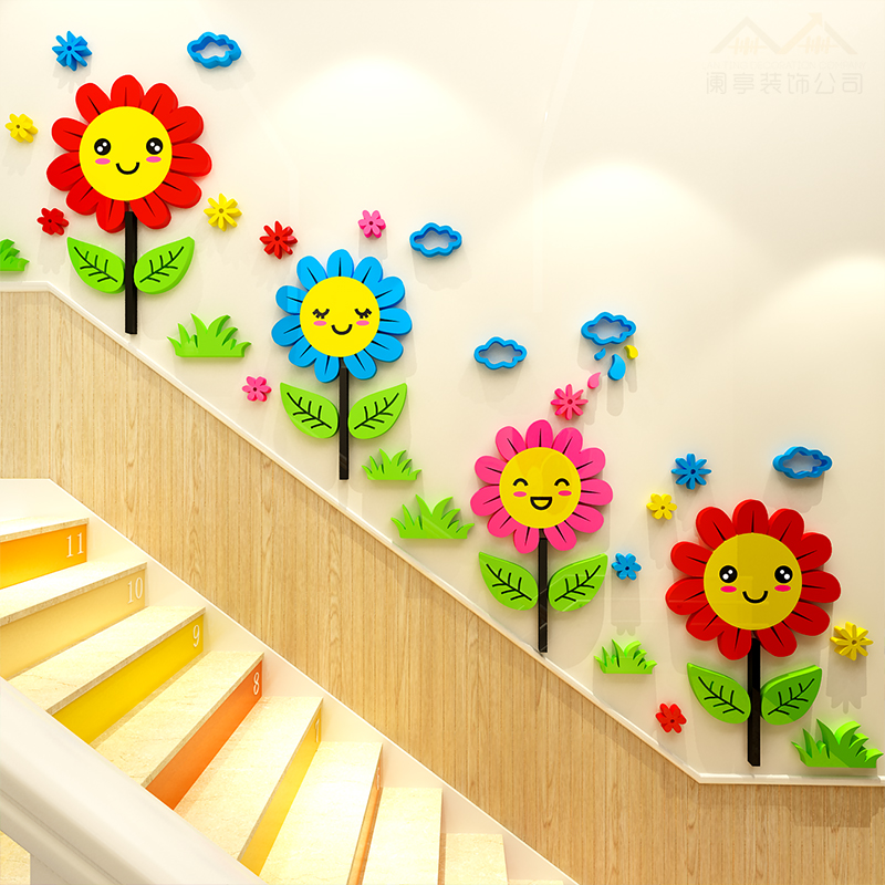 幼儿园楼梯墙面装饰走廊过道创意花台阶贴早教中心环境布置墙贴画图片