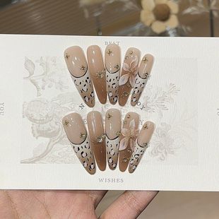 纯手工豹纹蔷薇气质感焦糖色渐变豹纹法式 晕染雕花碎钻细狗穿戴甲