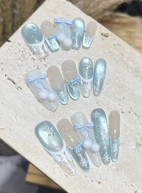 【冬季情书】纯手工穿戴甲石质感晶钻猫眼雪花秋冬氛围感秋冬美甲