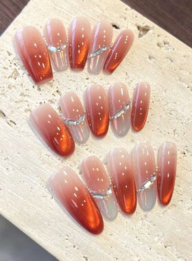 新中式红韵美人纯手工穿戴甲渐变猫眼极光粉法式具显白手工穿戴甲