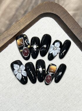 纯手工星球宝石甜酷黑色甜酷辣妹美甲猫眼唐卡方牌立体雕花穿戴甲