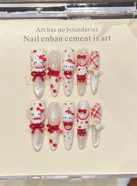 甜美可爱温柔kitty猫公主乳白色猫眼高级感跨境纯手工穿戴甲美甲