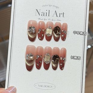 纯手工秋冬爆闪复古金棕色猫眼显白酒红渐变豹纹堆钻长椭圆穿戴甲