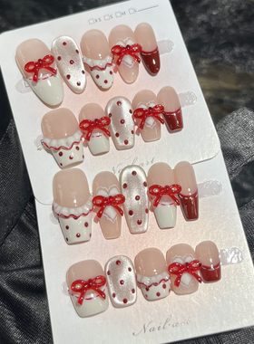 可爱少女心裙边爱心波点蝴蝶结法式纯手工高级感精品美甲指甲贴