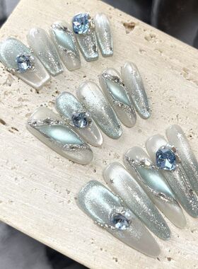 光年之外纯手工穿戴甲新款蓝色爆闪猫眼纯手工美甲贴轻奢钻款美甲