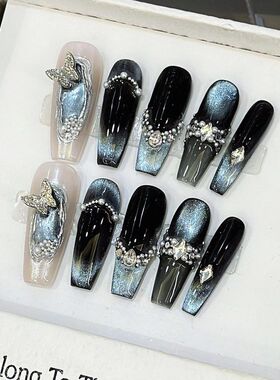 原创纯手工蓝曜星海高级蓝色猫眼粘钻奢华重工小众新款长款穿戴甲