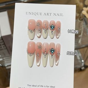 纯手工甜欲风爆闪温柔蜜桃猫眼乳白法式 雪花碎钻轻奢细狗尖穿戴甲