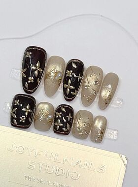 奢华精致锦绣宫岚老钱风秋冬气质猫眼美甲短款手绘穿戴甲纯手作