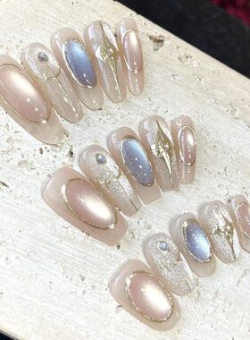 纯手工穿戴甲希腊女神宝石浮雕爆闪玻璃珠猫眼小众手绘穿戴甲指甲