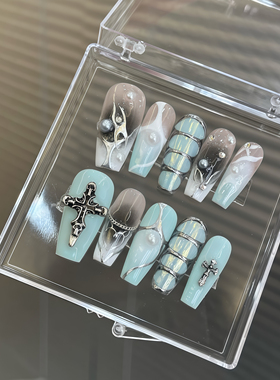 纯手工薄荷海盐金属辣妹甜辣手绘绿色夏季高级小众设计手工穿戴甲