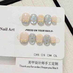 海盐芝士气质蓝色温柔蝴蝶结法式 显白 玻璃珠猫眼手工穿戴美甲短款