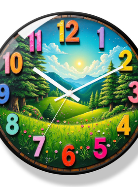 挂钟客厅钟表绿色风景大刻度简约卧室家用静音时钟早教创意石英钟