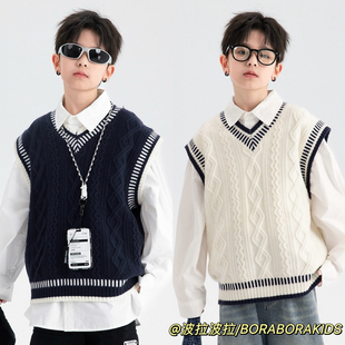 实体店儿童装男孩秋冬季韩范中大童V领背心毛衣波拉内搭针织马甲