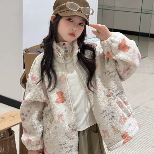波拉bora韩系女中大童一体绒加厚毛毛外套秋冬儿童洋气保暖棉服潮
