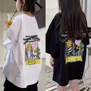 波拉韩国女男孩小中大儿童装 夏青少年初中生涂鸦街舞短袖 T恤上衣
