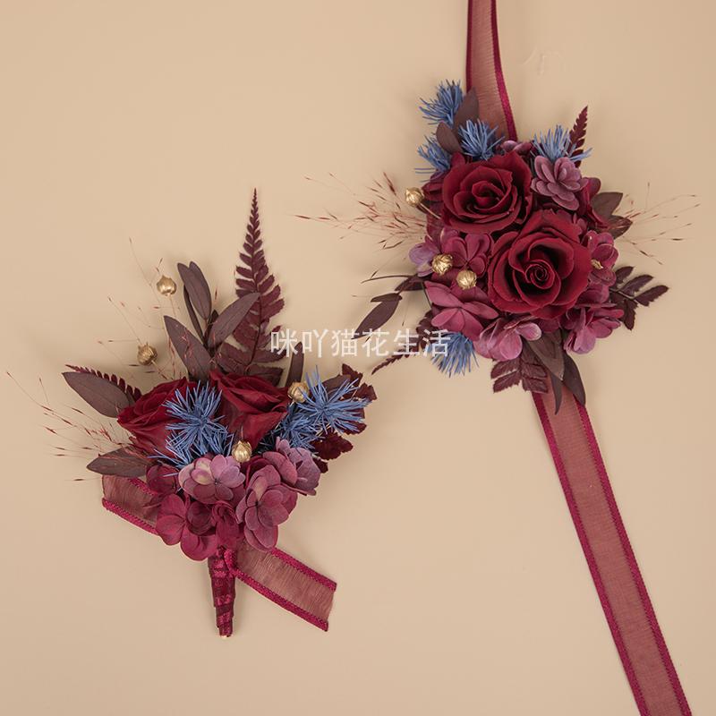 原创复古真花新郎胸花新娘手腕花高级永生花雾霾蓝襟花酒红色胸针