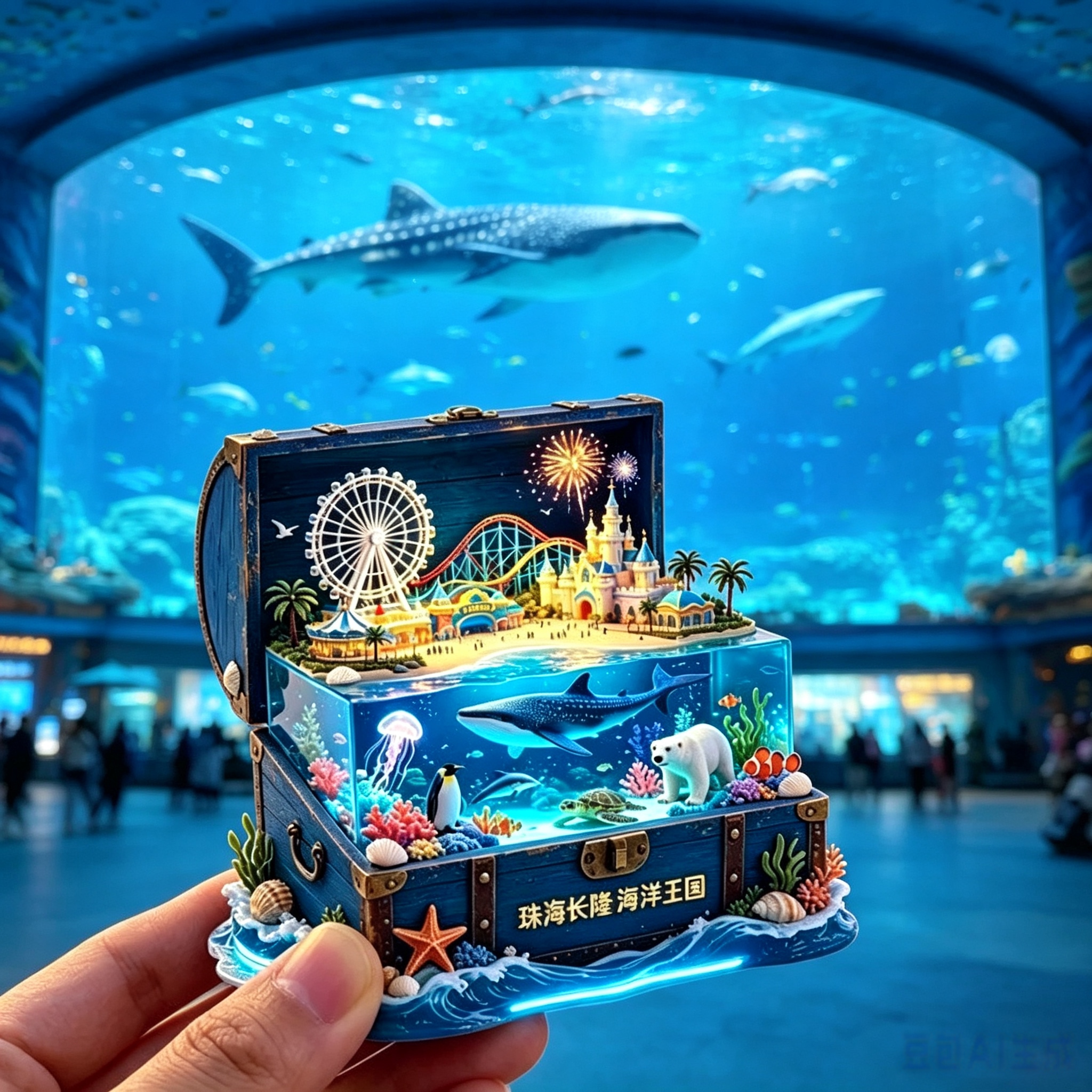 珠海长隆海洋王国3D浮雕宝箱冰箱贴海洋动物乐园打卡纪念品小礼物