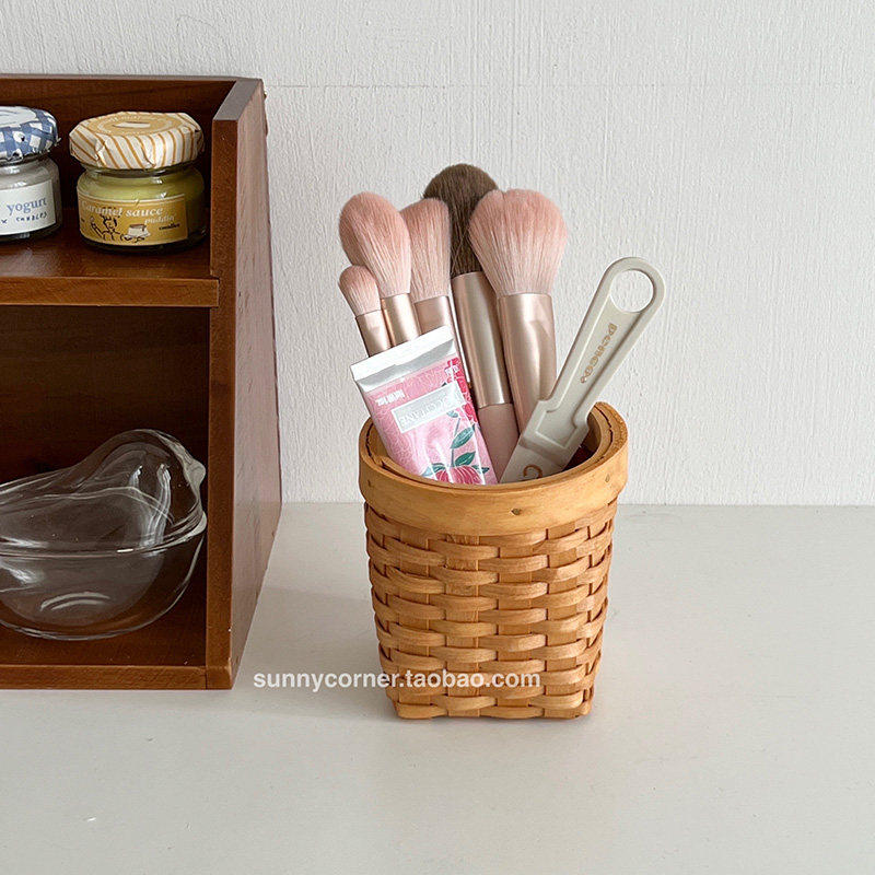 化妆刷收纳筒ins风复古编织笔筒桌面创意木质口红眉笔刷子收纳盒,收纳整理,化妆刷收纳盒/桶,淘宝优惠券,粉丝福利购,淘宝优惠卷