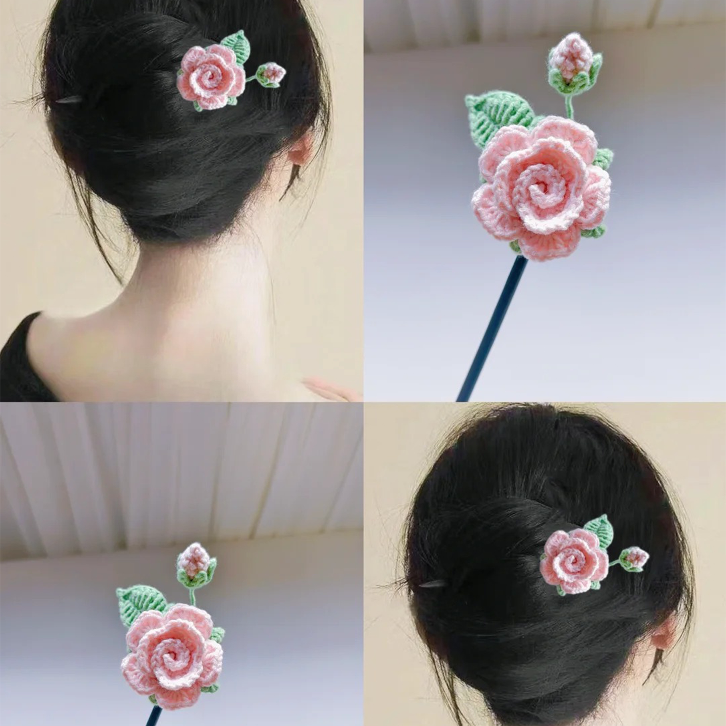 芭比玫瑰发簪手工钩织精致发饰百搭甜美国风送朋友DIY材料包