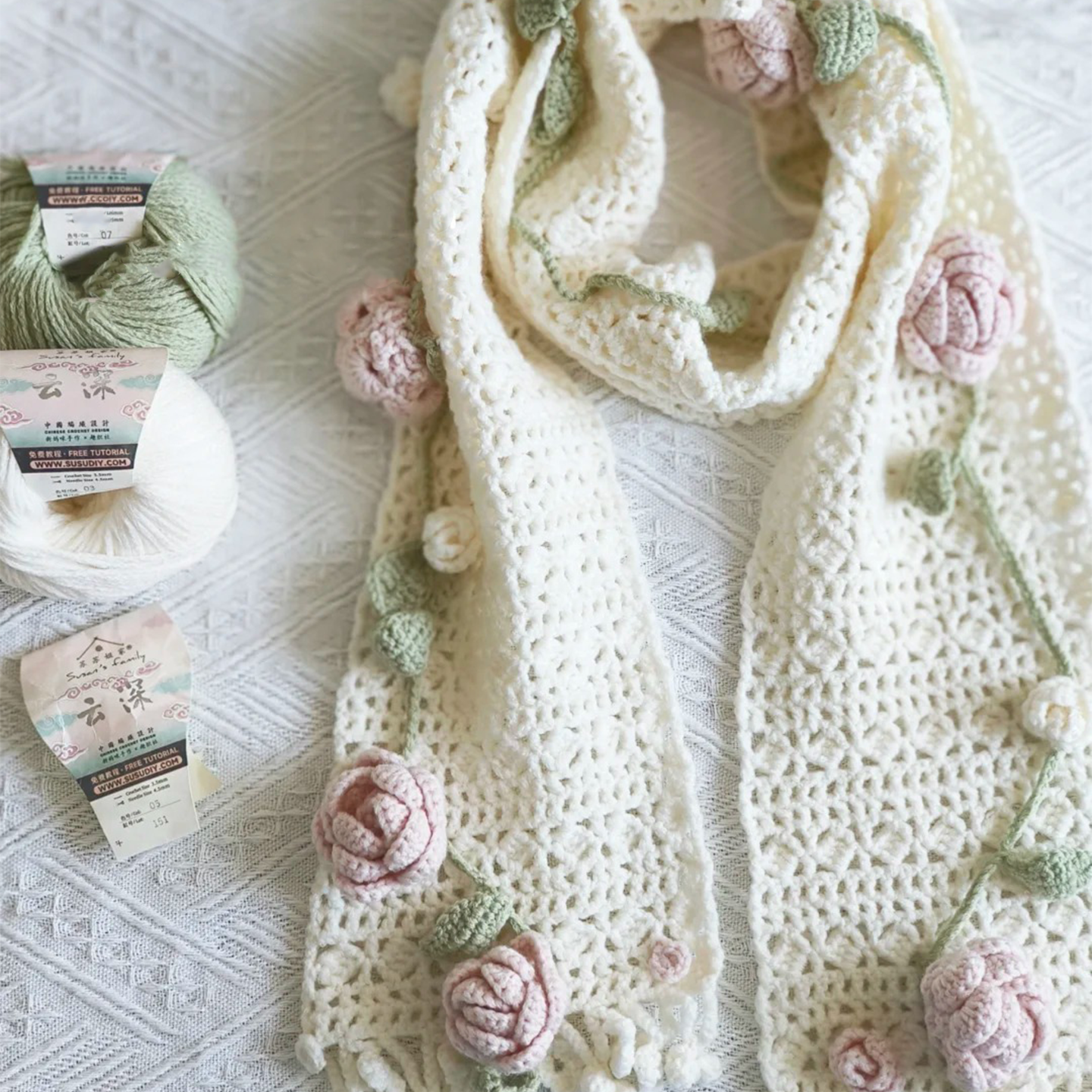玫瑰花藤围巾手工毛线钩织冬天保暖百搭法式气质送朋友diy材料包,服饰配件/皮带/帽子/围巾,毛线,淘宝优惠券,粉丝福利购,淘宝优惠卷
