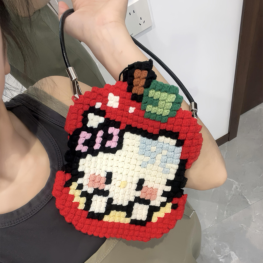 手工钩织Kitty像素苹果包毛线编织diy材料包编织ins风包包礼物