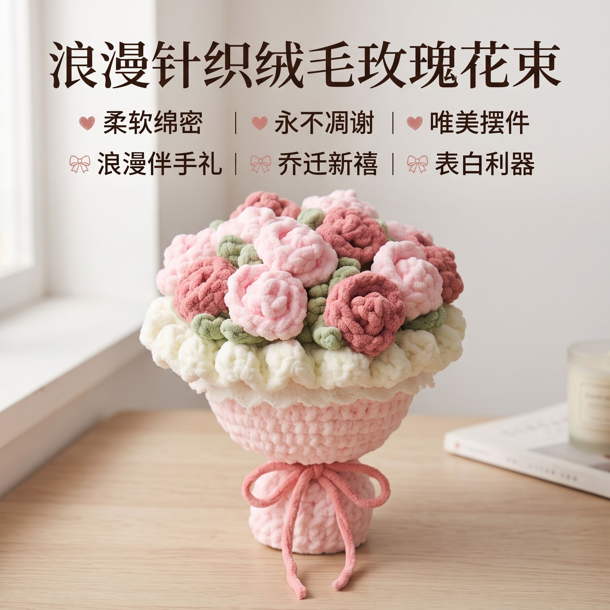 情人节表白针织玫瑰花束材料包