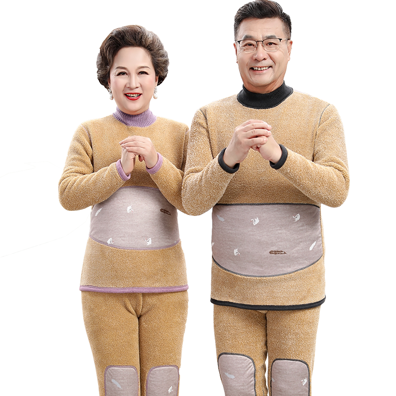 雅鹿中老年人羽绒保暖内衣女加厚加绒套装爸爸妈妈半高领保暖衣冬