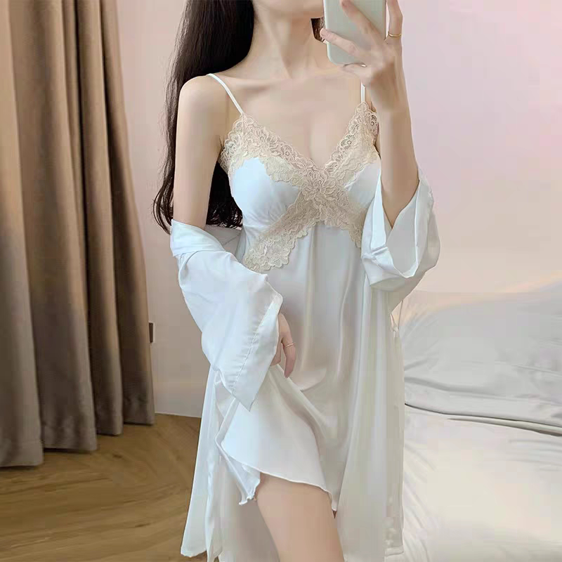 性感睡衣女夏款2026新款涤纶绸蕾丝吊带胸垫睡裙可外穿两件套装