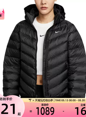 NIKE耐克女子黑色休闲宽松保暖连帽羽绒服外套HV5106-010