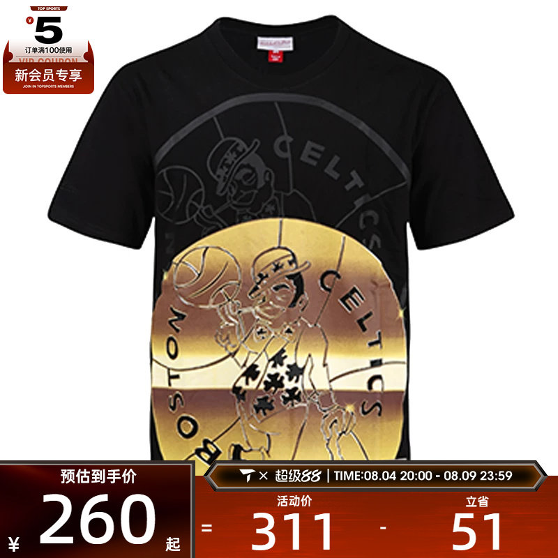 Mitchell&ness复古bigface4.0黑金波士顿凯尔特人队运动T恤领短T