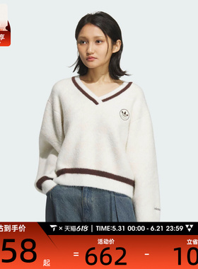 adidas阿迪达斯三叶草女子运动休闲千鸟格V领毛绒针织衫KC2687
