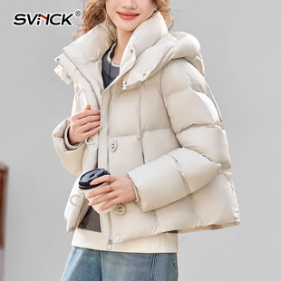 气质连帽白鸭绒羽绒服女士短款新款冬装加厚保暖纯色简约外套