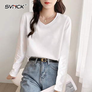 白色纯棉长袖t恤女士2025秋季新款宽松大码内搭V领纯色打底衫上衣