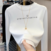内搭打底衫 正肩简约字母白色长袖 T恤女秋季 宽松显瘦百搭上衣ins