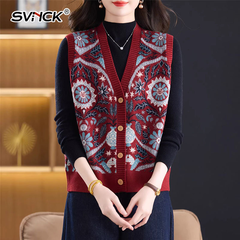 中年红色复古提花马甲毛衣春季妈妈装针织衫开衫马夹背心坎肩
