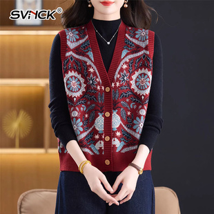 中年红色复古提花马甲毛衣春季妈妈装针织衫开衫马夹背心坎肩