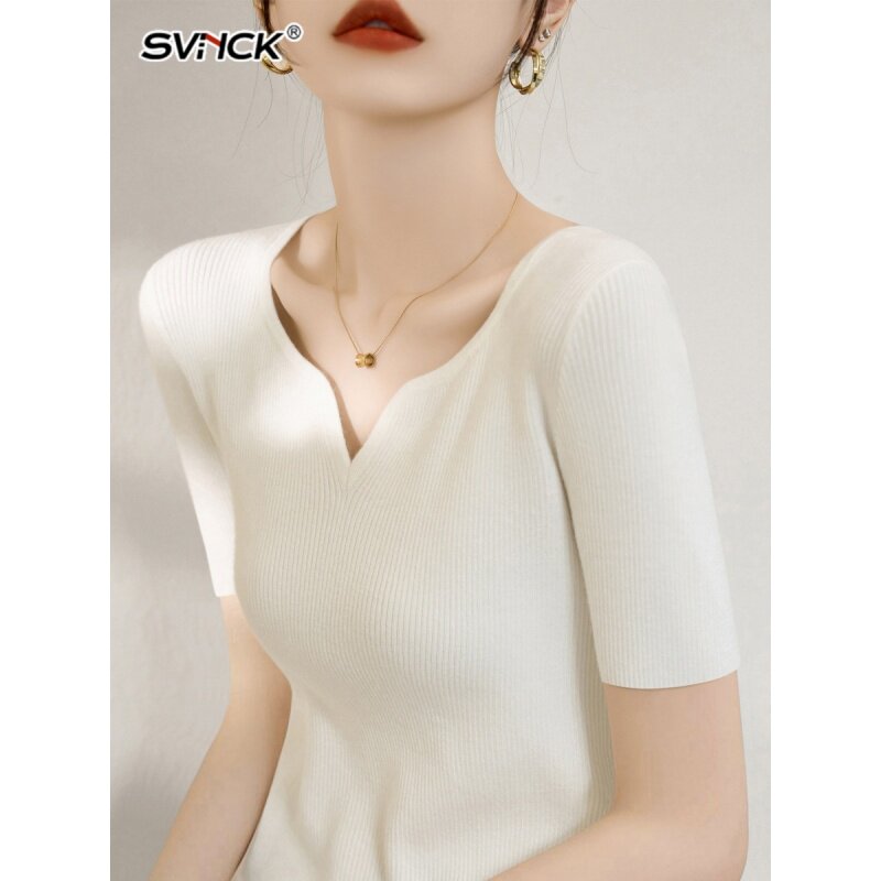 2026夏新款V领针织衫女短袖白色