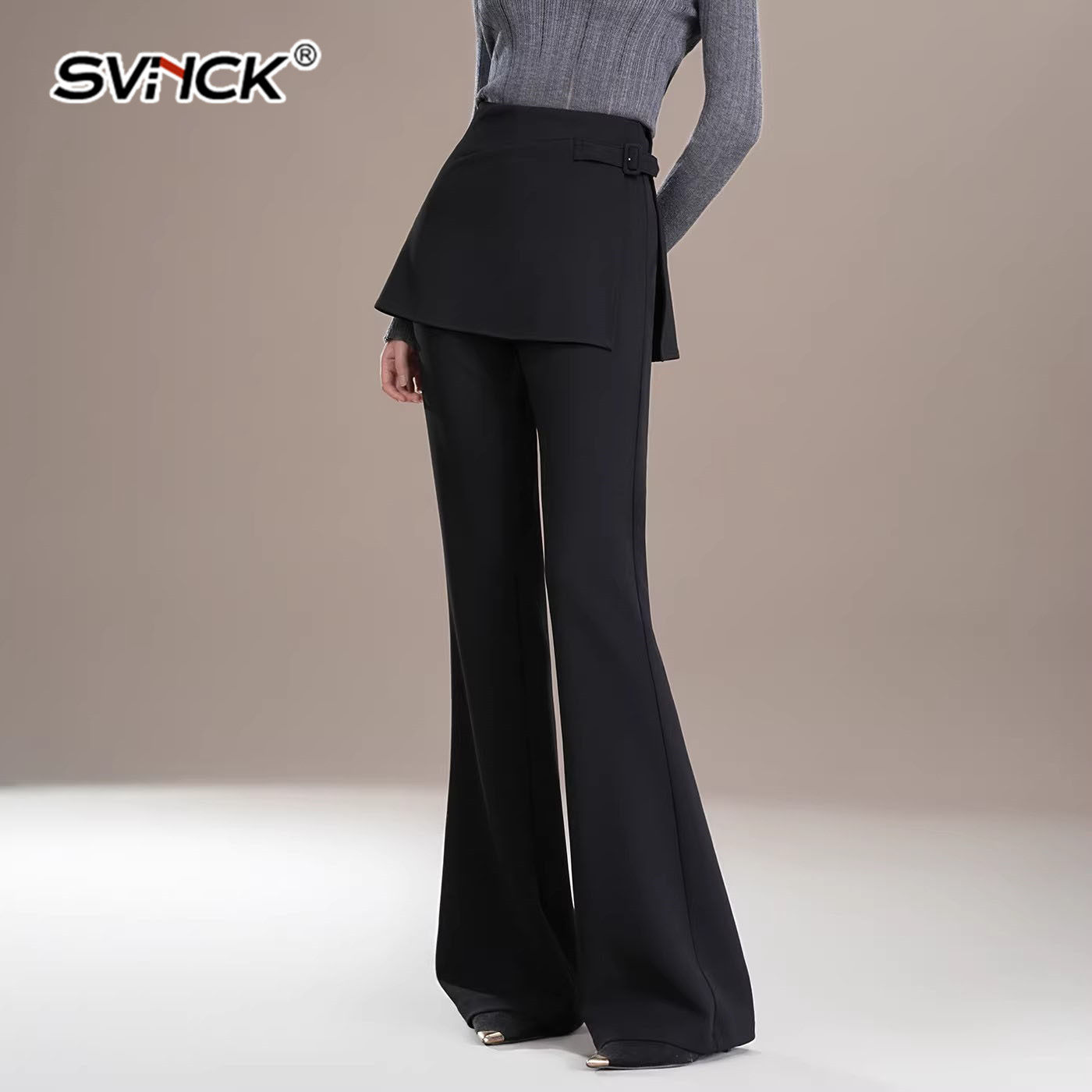 高端微喇叭西装裤女2026新款屁帘裤假两件休闲裙裤设计感黑色裤子