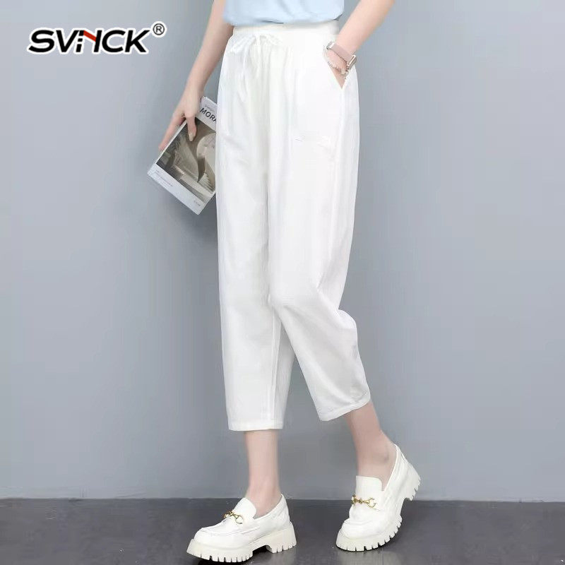 休闲韩版七分哈伦裤女2025年夏季新款冰丝透气外穿百搭白色哈伦裤