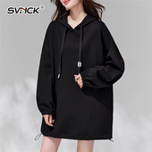 长袖 春秋中长款 宽松显瘦连帽卫衣裙女慵懒风大码 百搭气质时髦黑色