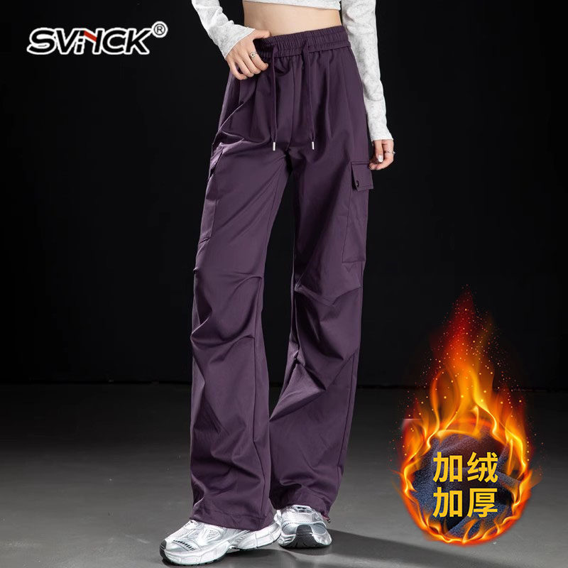 紫色工装裤女2025新款秋季抽绳束脚显瘦阔腿裤女款裤子直筒运动裤