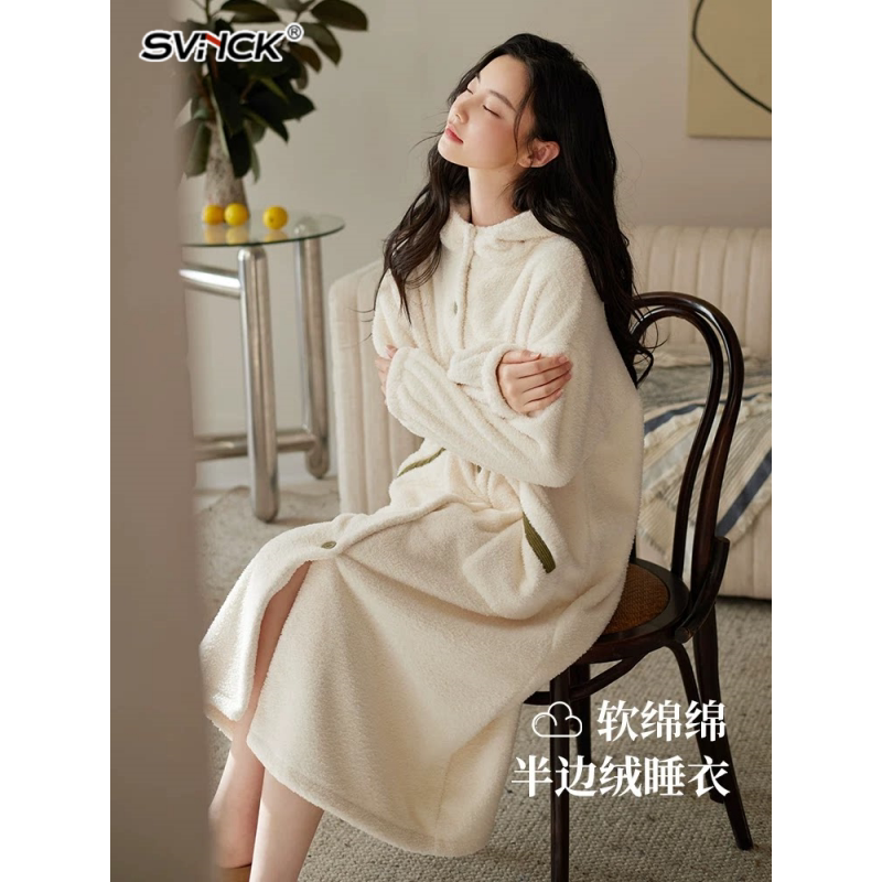 半边绒连帽睡袍女秋冬新款加绒加厚珊瑚绒睡裙睡衣保暖浴袍家居服